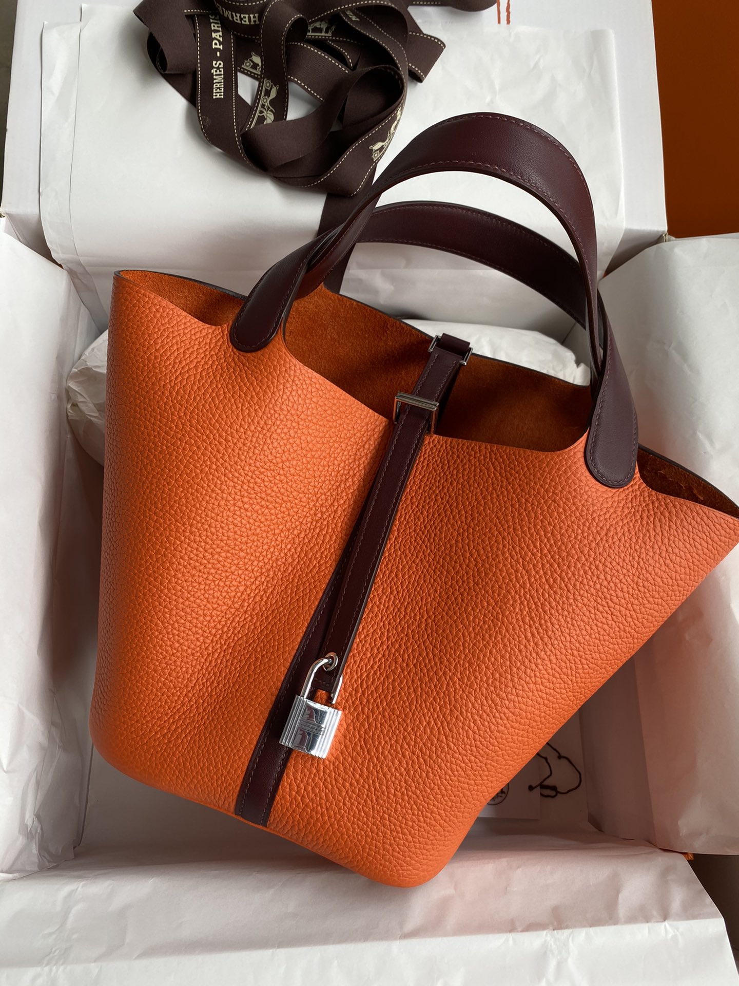 Hermes Picotin Lock 22 Bag In Orange/Bordeaux Clemence Leather